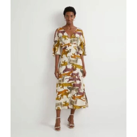 cortelle Puma Print Linen Midi Dress Dolman Sleeve Lions Panther Cat Print XS - Picture 2 of 10